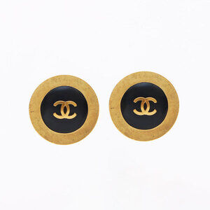 CHANEL 94P Round Coco Mark Earrings in Gold and Black (WS11380)